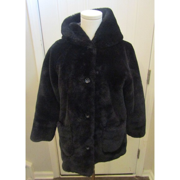 GAP Coat Black Faux Fur Jacket Hooded Vintage Front Pockets Lined Size S/M - Picture 2 of 7